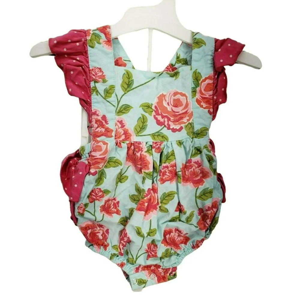 Serendipity Clothing Co. Bubble Romper Bow Pink Flowers Ruffles Polka Dots 12 Mt